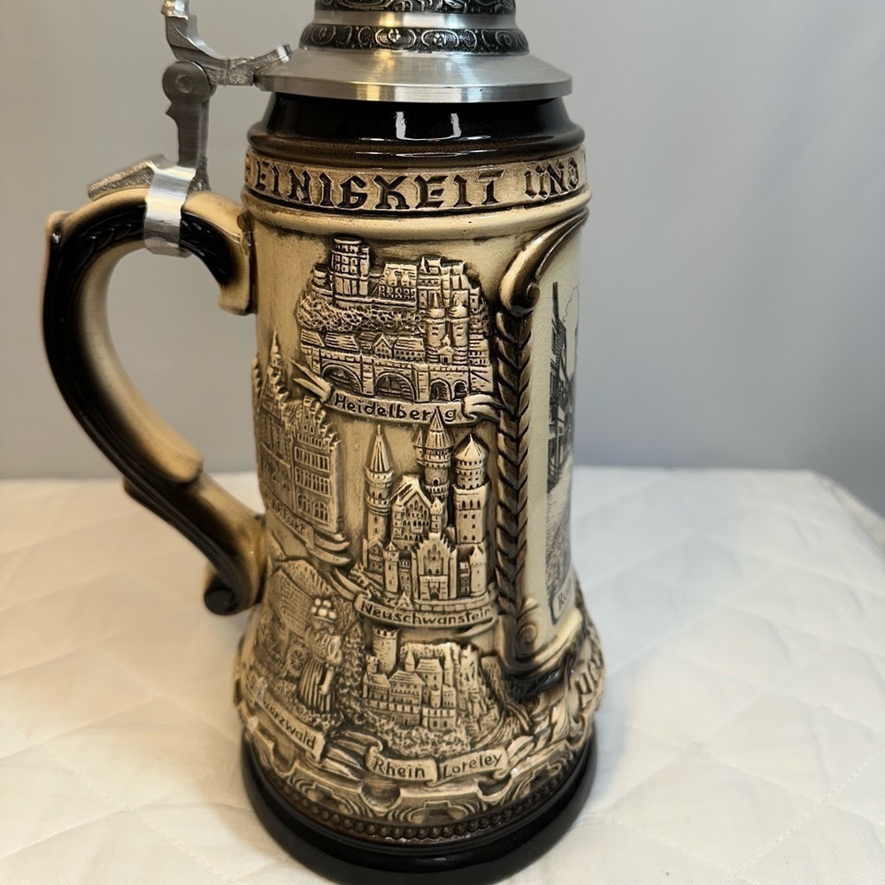 Rothenburg German Beer Stein Rustic Natural With Silver Tone Pewter Cup Vintage - Picture 8 of 15